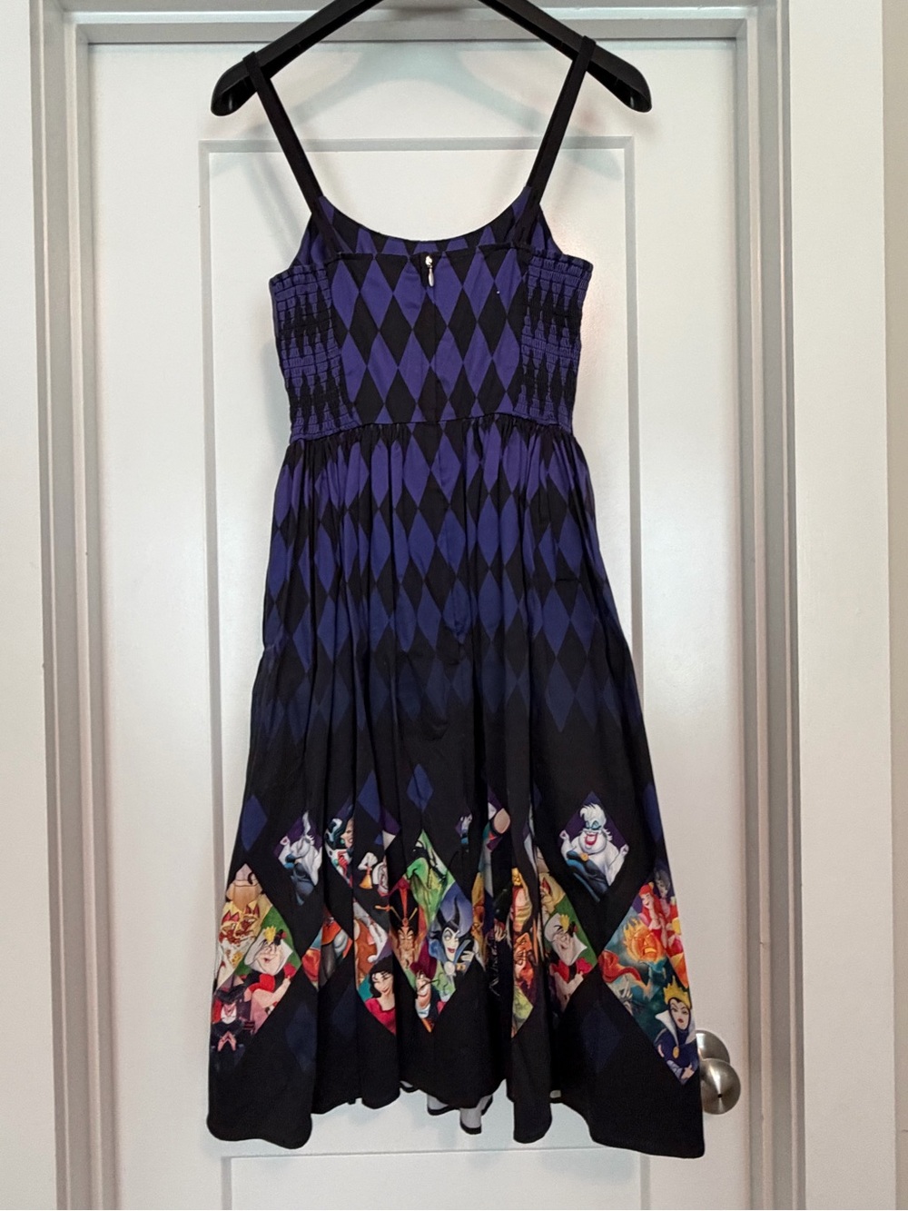 Women’s Black and Purple Diamond-Print Dress with Character Hem